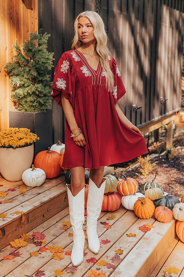 Tucson Sunsets Embroidered Mini Dress in Dark Scarlet Image - 1