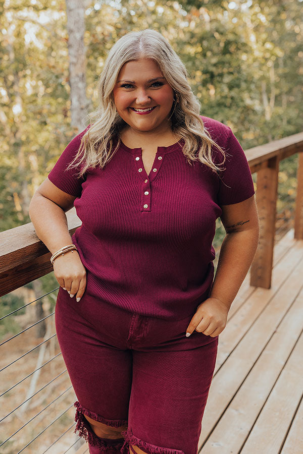 Cafe Hangout Ribbed Henley Top in Merlot Curves Image - 1