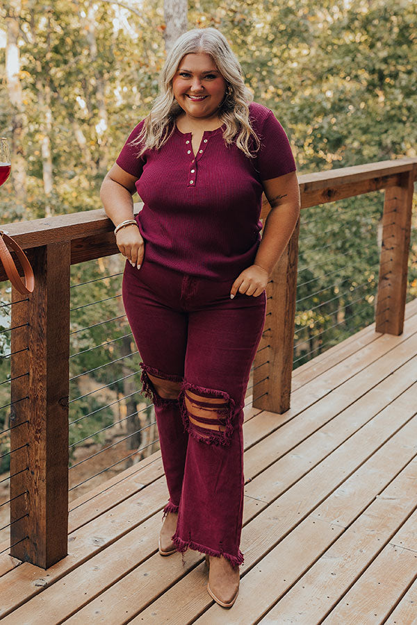 Cafe Hangout Ribbed Henley Top in Merlot Curves Image - 2