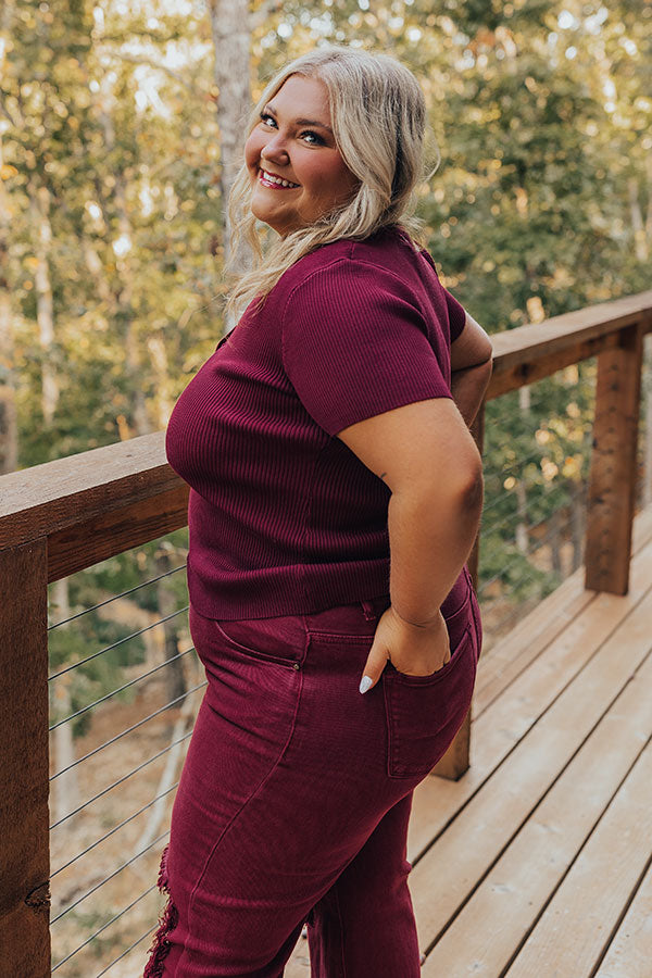Cafe Hangout Ribbed Henley Top in Merlot Curves Image - 3