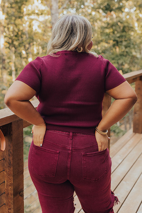Cafe Hangout Ribbed Henley Top in Merlot Curves Image - 4