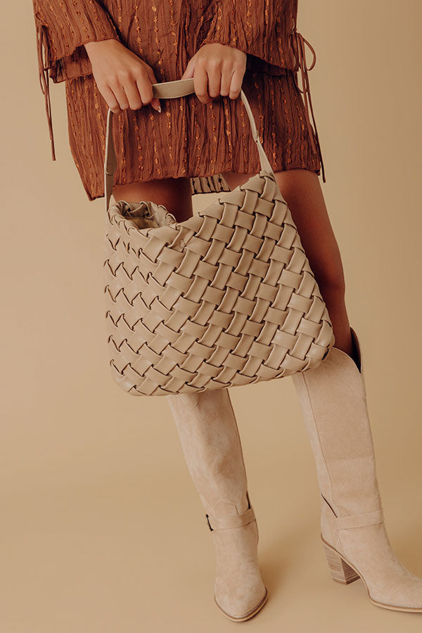 Chic Cityscape Faux Leather Woven Tote in Warm Taupe