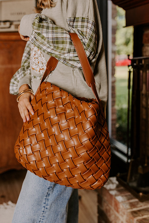 Chic Cityscape Faux Leather Woven Tote in Brown
