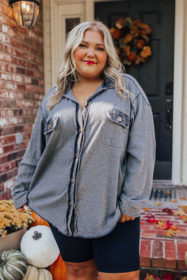 Campfire Stories Waffle Knit Button Up in Grey Curves Image - 3
