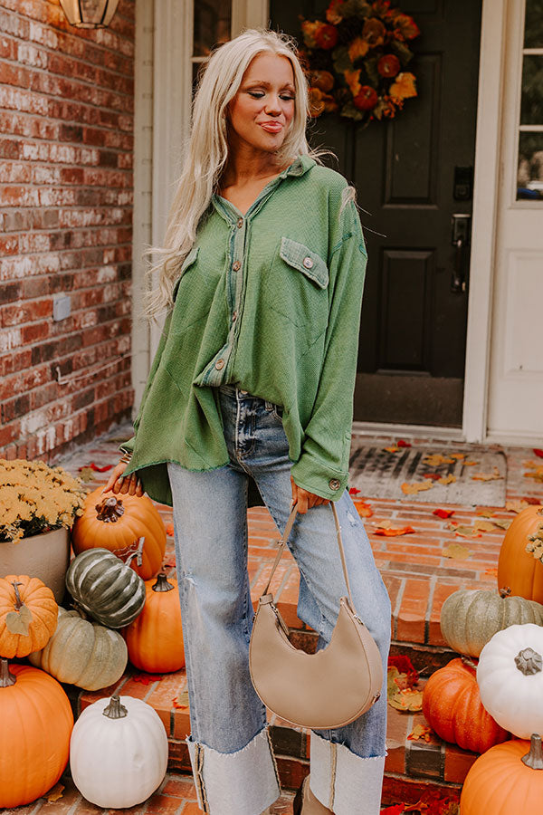Campfire Stories Waffle Knit Button Up in Green Image - 1