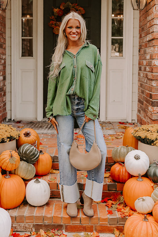 Campfire Stories Waffle Knit Button Up in Green Image - 2