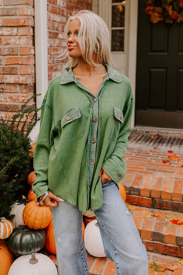 Campfire Stories Waffle Knit Button Up in Green Image - 3