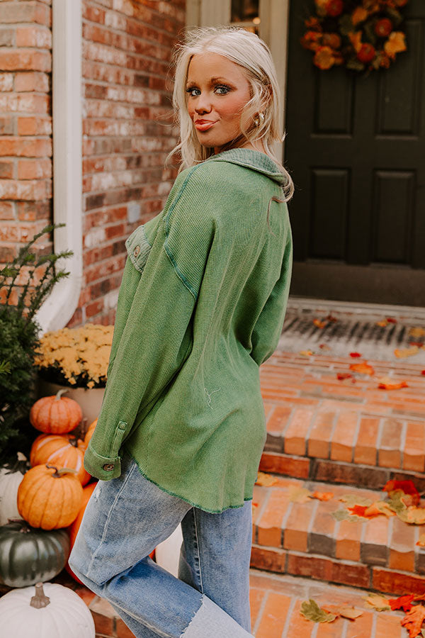 Campfire Stories Waffle Knit Button Up in Green Image - 4