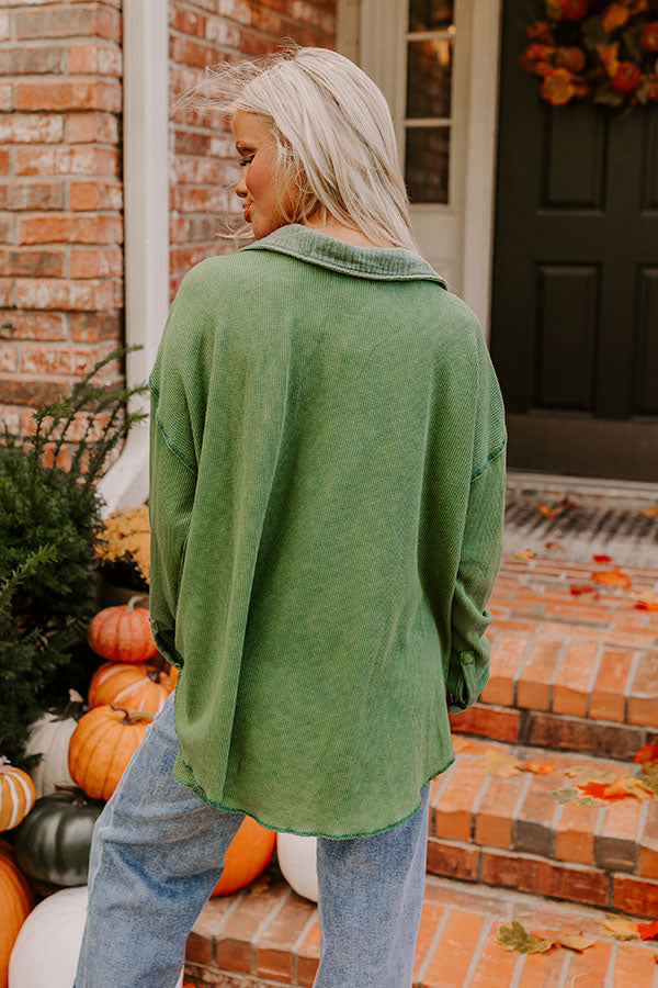 Campfire Stories Waffle Knit Button Up in Green Image - 5