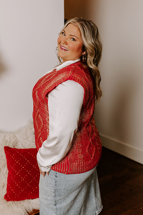 Holiday Party Metallic Knit Vest Top in Red Curves Image - 4