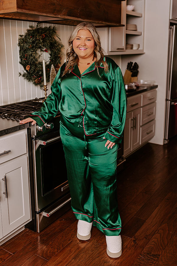 Feeling Luxurious Satin Pajama Pants in Hunter Green Curves Image - 1