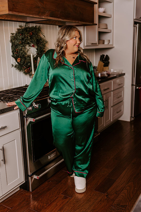 Feeling Luxurious Satin Pajama Pants in Hunter Green Curves Image - 2