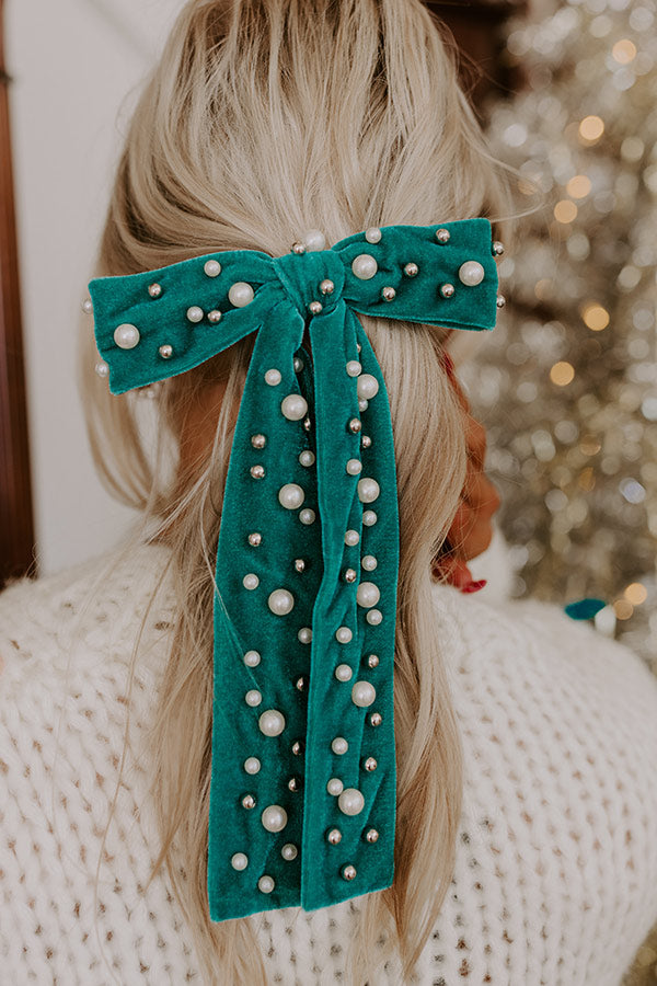 Spotlight Darling Pearl Embellished Bow Hair Clip in Teal Image - 2