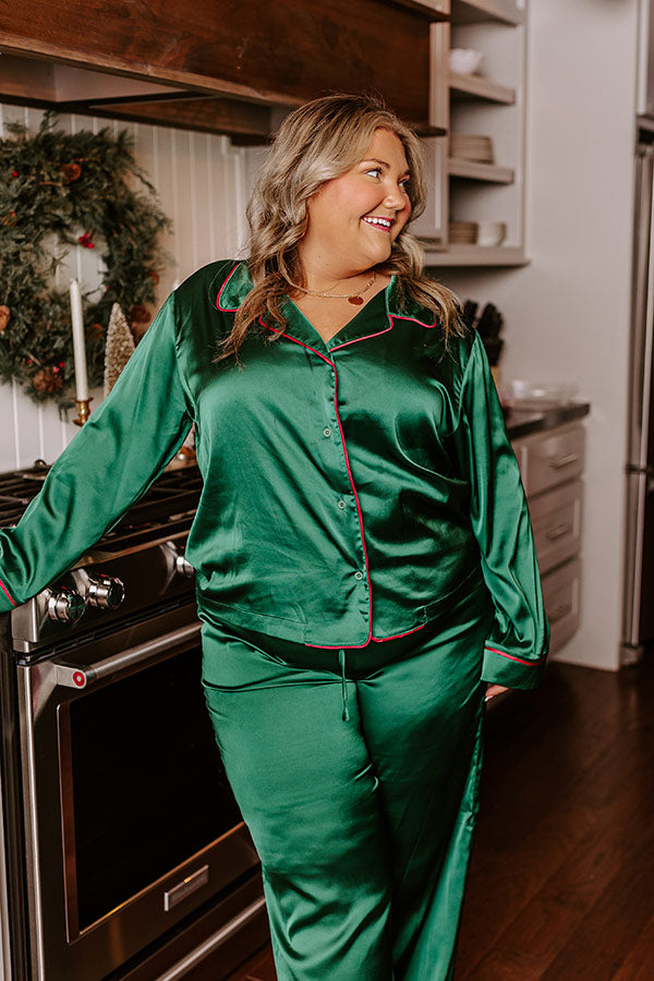Feeling Luxurious Satin Pajama Top in Hunter Green Curves Image - 3