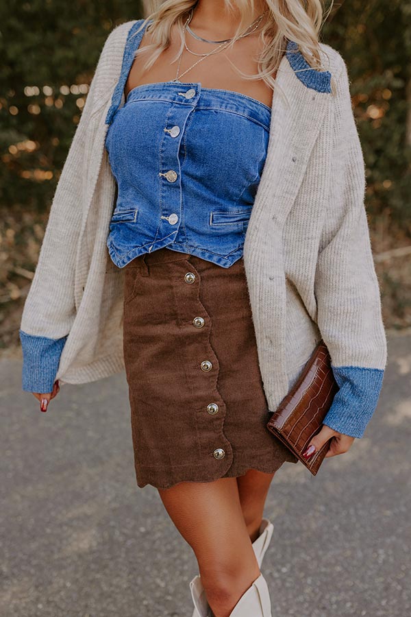 The Sienna High Waist Corduroy Mini Skirt in Chocolate Image - 2