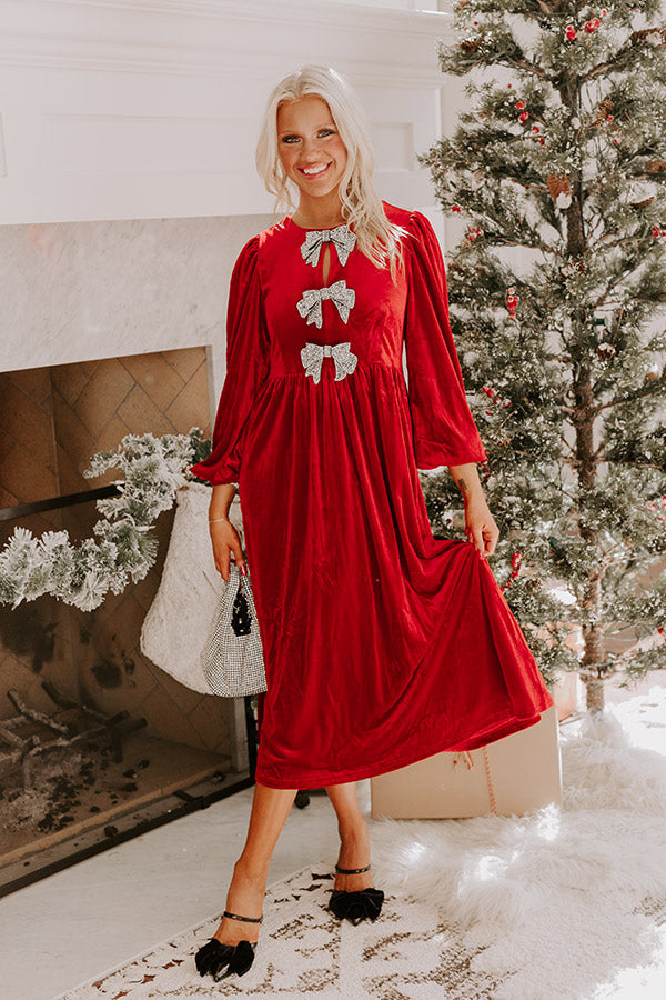 For The Love Of Bows Velvet Midi in Crimson Image - 1