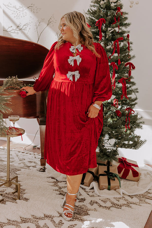 For The Love Of Bows Velvet Midi in Crimson Curves Image - 2