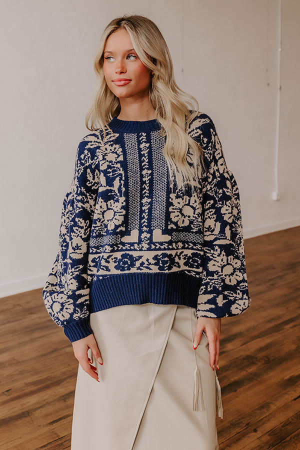 Chic Statement Floral Knit Sweater in Navy Image - 1
