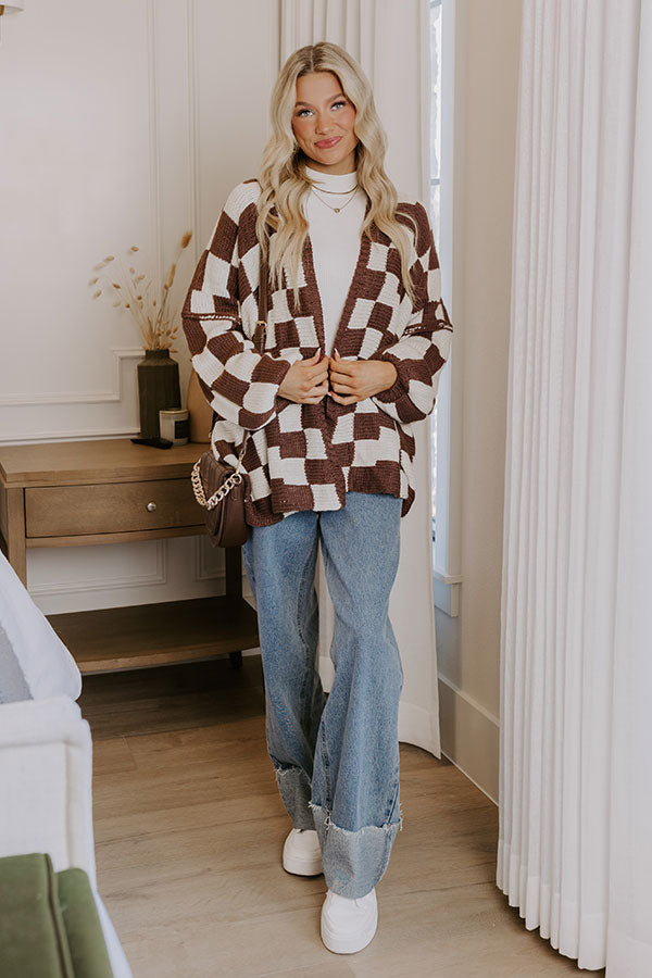 Chic Checkmate Knit Cardigan in Chestnut Image - 1