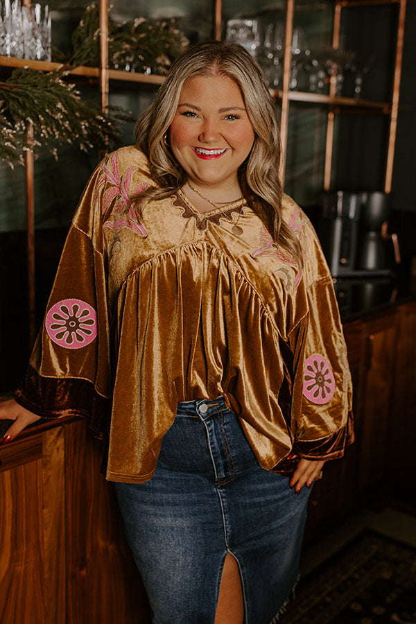 Feeling Boho Embroidered Velvet Top in Mustard Curves Image - 2