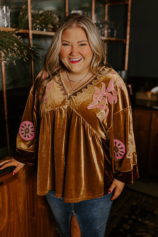 Feeling Boho Embroidered Velvet Top in Mustard Curves Image - 5