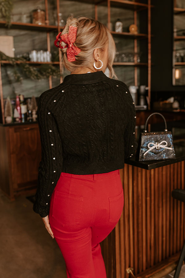 Kind Smile Cable Knit Embellished Cardigan in Black Image - 5