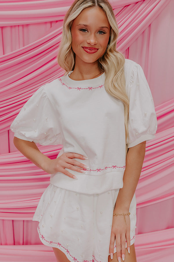 Bows And Kisses Pearl Embellished Top in White Image - 4