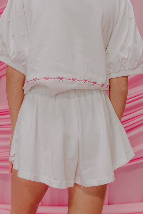 Bows And Kisses Pearl Embellished High Waist Skort in White Image - 2