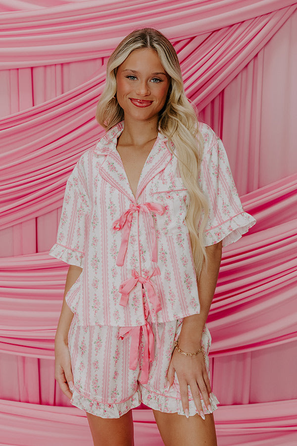 Cozy Tea Time Floral Satin Pajama Top in Pink Image - 5