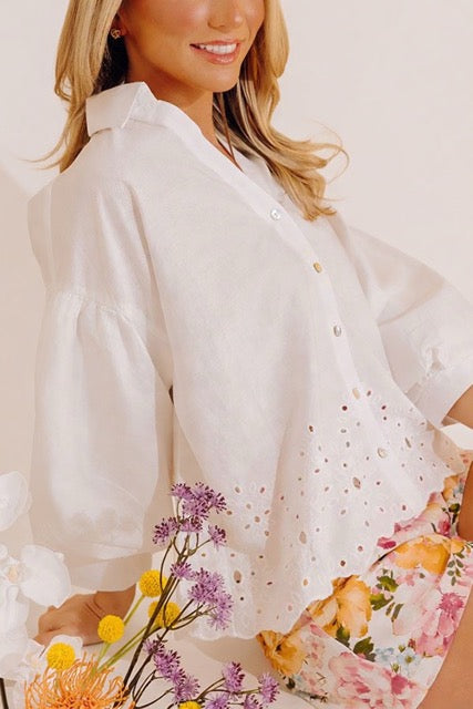 Kind Gesture Eyelet Top in White Image - 3