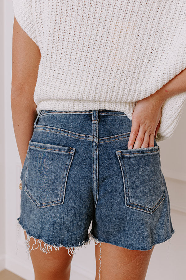 JUST USA Velma High Waist Frayed Shorts in Dark Wash Image - 5