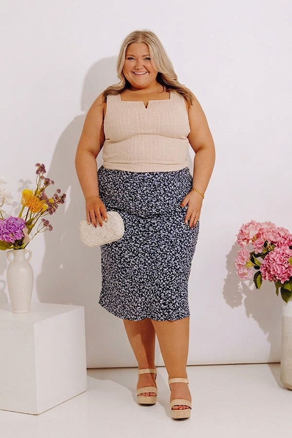 The Caitlyn High Waist Floral Midi Skirt in Navy Curves Image - 1