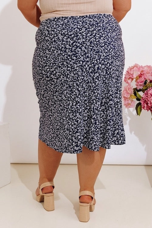 The Caitlyn High Waist Floral Midi Skirt in Navy Curves Image - 4