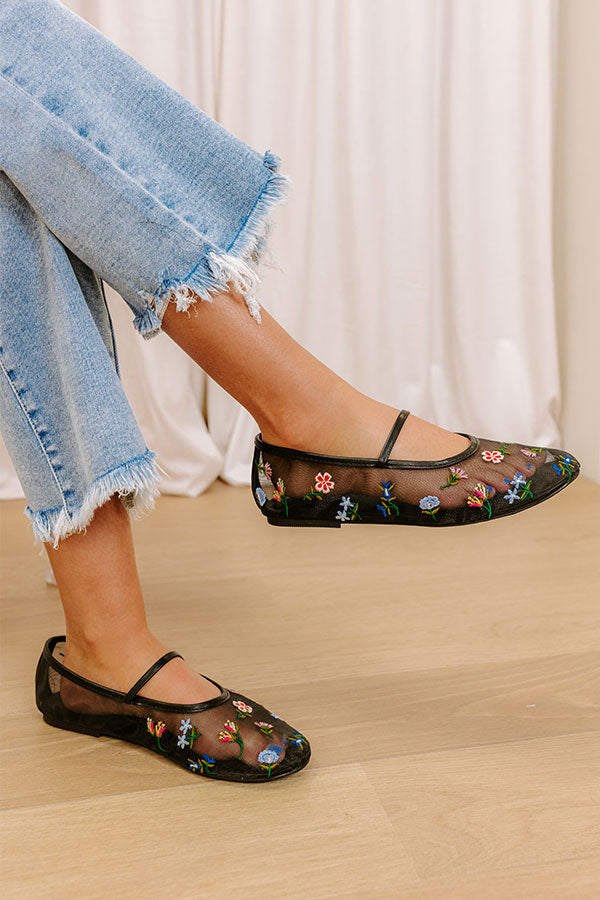 The Violet Mesh Embroidered Flats in Black Image - 4