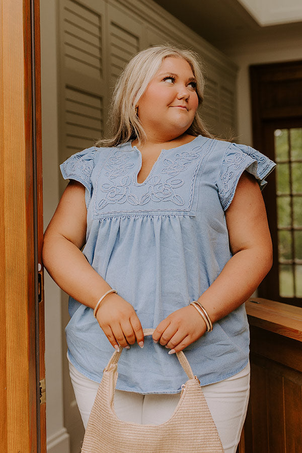 Farmers Market Cutie Embroidered Chambray Top in Light Wash Curves Image - 3