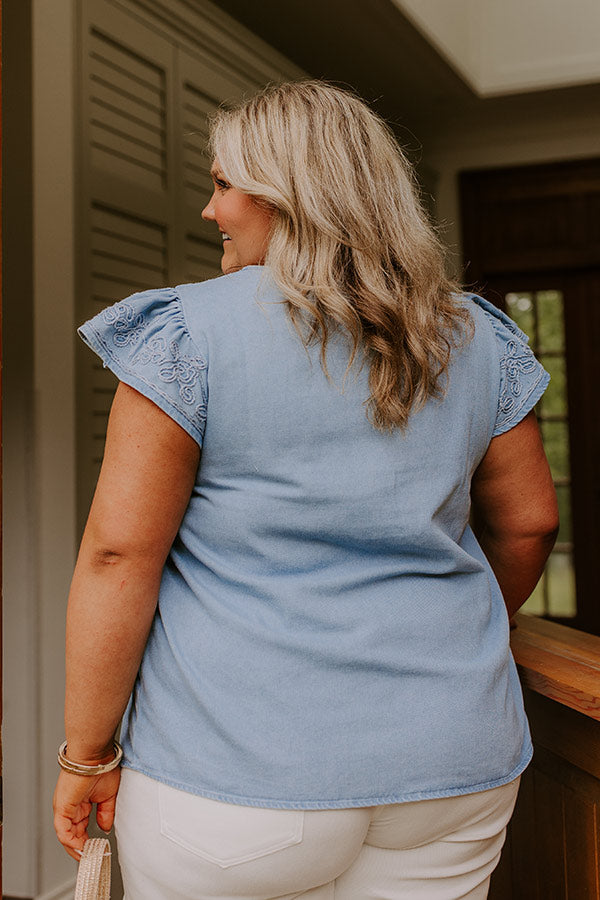 Farmers Market Cutie Embroidered Chambray Top in Light Wash Curves Image - 4