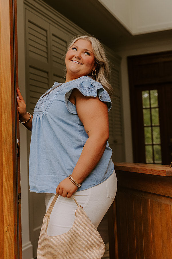 Farmers Market Cutie Embroidered Chambray Top in Light Wash Curves Image - 5
