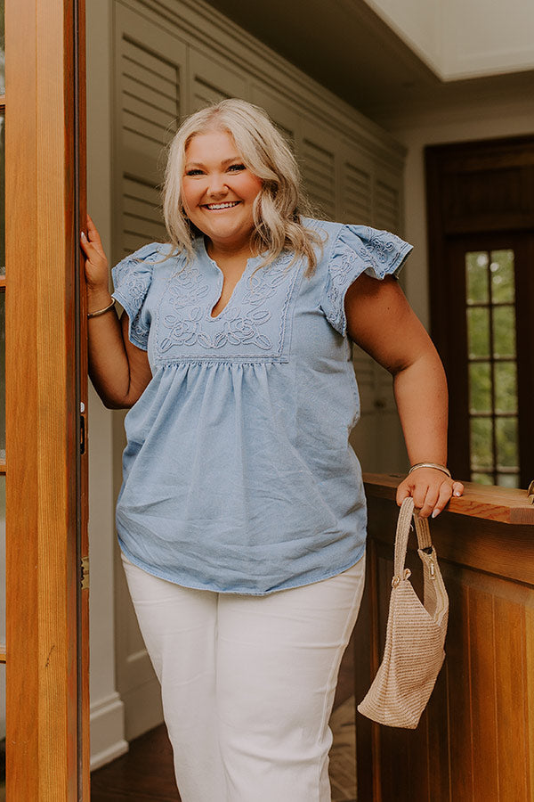 Farmers Market Cutie Embroidered Chambray Top in Light Wash Curves Image - 1