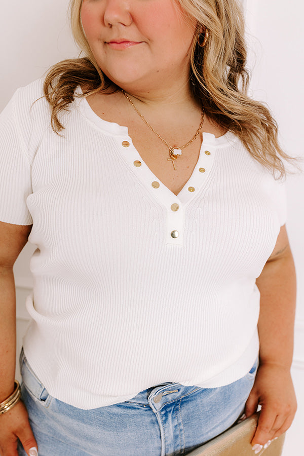 Cafe Hangout Ribbed Henley Top in Ivory Curves Image - 4