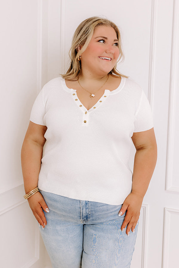 Cafe Hangout Ribbed Henley Top in Ivory Curves Image - 1