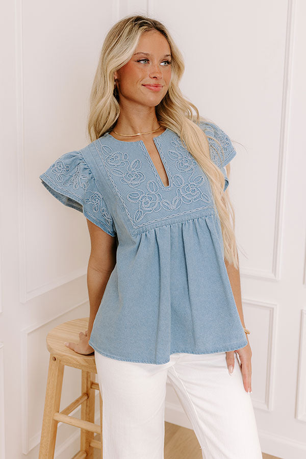 Farmers Market Cutie Embroidered Chambray Top in Light Wash Image - 1