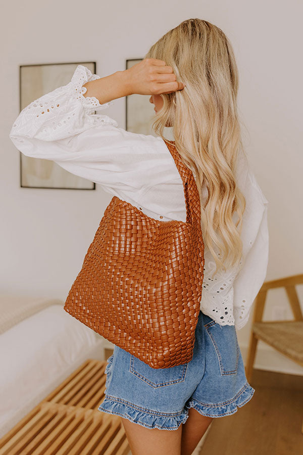 Johanna Large Woven Vegan Leather Shoulder Bag in Brown
