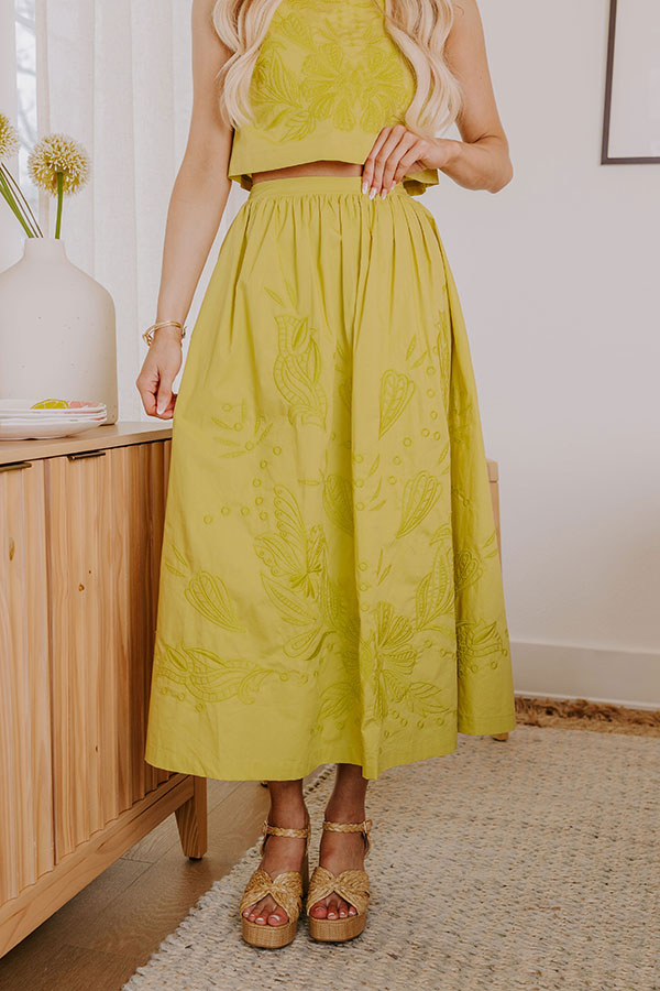 Vacay Bound High Waist Embroidered Midi Skirt in Lime Punch Image - 2