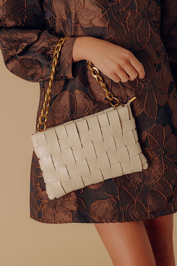 Mimie Vegan Leather Woven Crossbody Bag in Rose Gold
