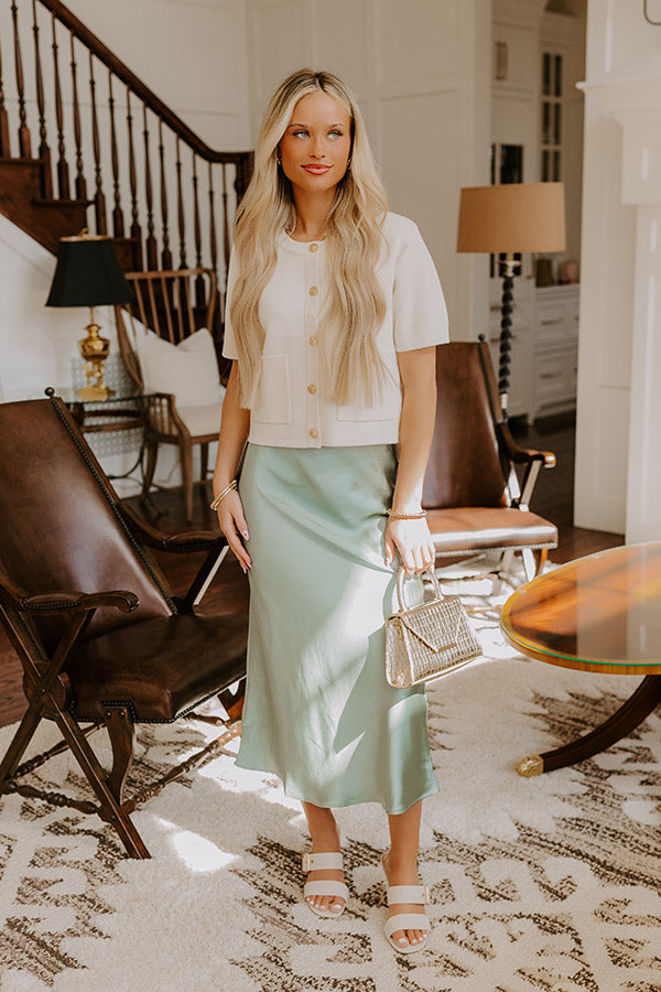 The Adeline High Waist Satin Midi Skirt in Sage Image - 3