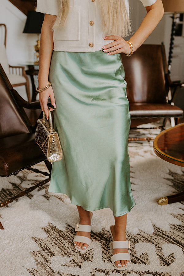 The Adeline High Waist Satin Midi Skirt in Sage Image - 4