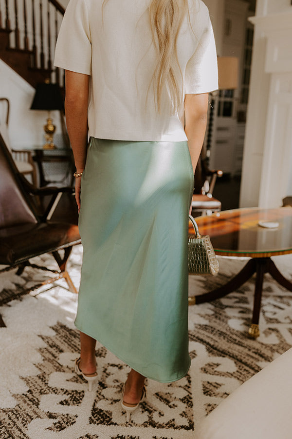 The Adeline High Waist Satin Midi Skirt in Sage Image - 5
