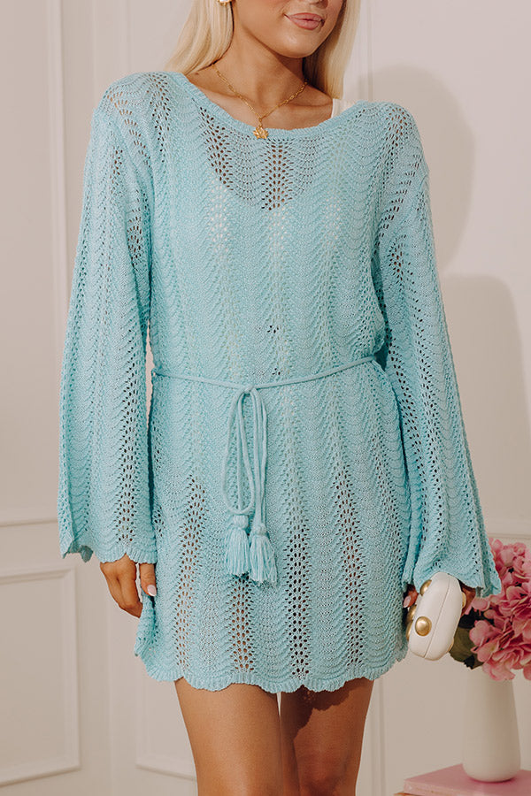 Oceanside Dreaming Pointelle Knit Mini Dress in Aqua Image - 2