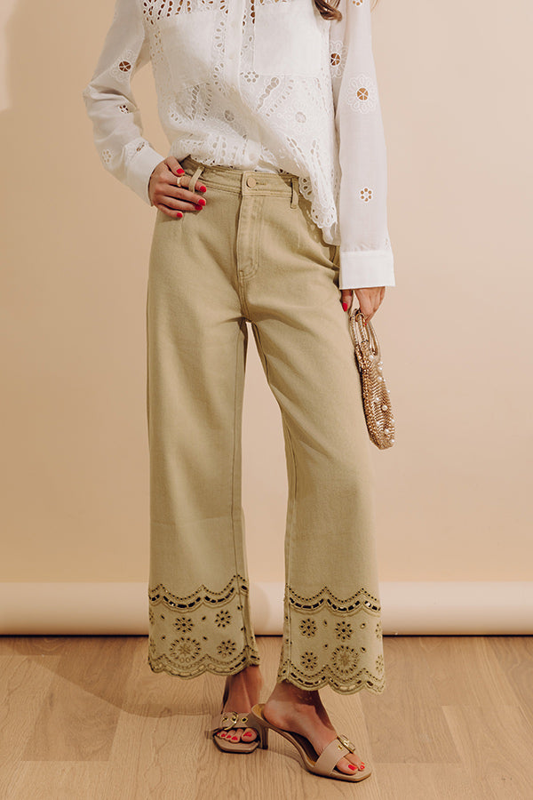 The Clara High Waist Wide Leg Eyelet Jean in Light Martini Olive Image - 2