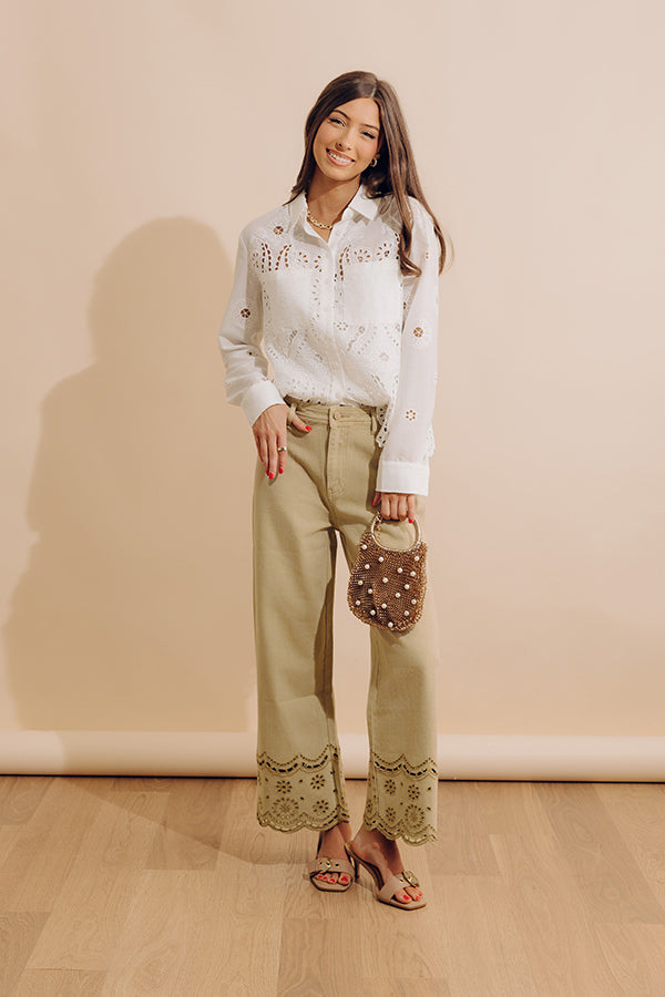 The Clara High Waist Wide Leg Eyelet Jean in Light Martini Olive Image - 1